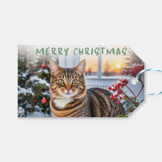 雪の動物をテーマにしたクリスマスを楽しめる、かわいいタビー猫 ギフトタグ (正面(横))