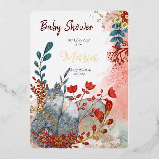 雪の動物　狐　花　ベビーシャワー　ゴールドフォイル 箔招待状 (正面)