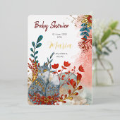 雪の動物　狐　花　ベビーシャワー　ゴールドホイル 箔招待状 (立ち正面)