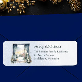 雪の北欧の冬のシーン水の色のクリスマス ラベル