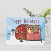 雪の国のさびれたレトロなキャンピングカーと雪だるま シーズンカード (スタンド正面)