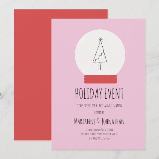 雪の地球のクリスマス パーティー 手描きの木 招待状 (正面/裏面)