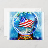 雪の地球の新年の米国旗 シーズンポストカード (正面/裏面)