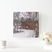 雪の壁時計の赤い納屋 スクエア壁時計 (ホーム)