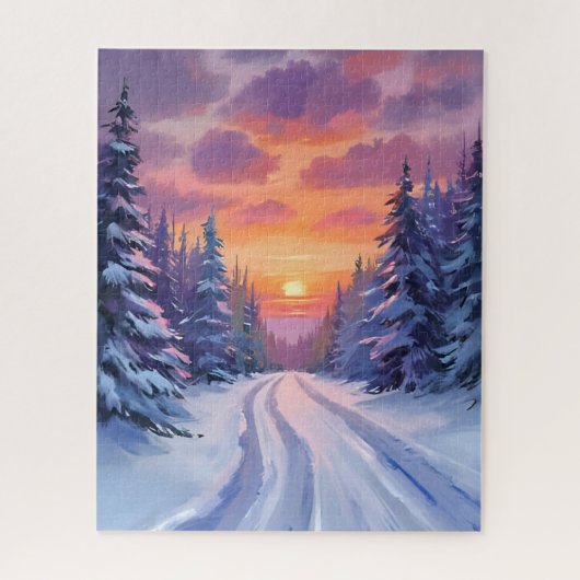 雪の夕焼け | 冬の山の風景 ジグソーパズル (縦)
