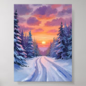 雪の夕焼け | 冬の山の風景 ポスター (正面)