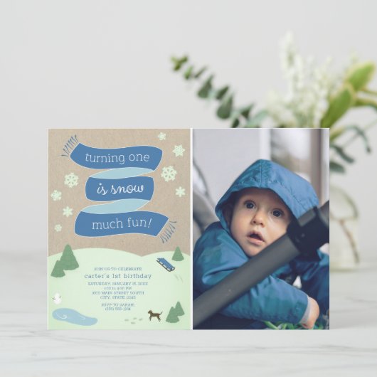 雪の多いおもしろいの冬のシーンと1回目の誕生日 招待状 (スタンド正面)