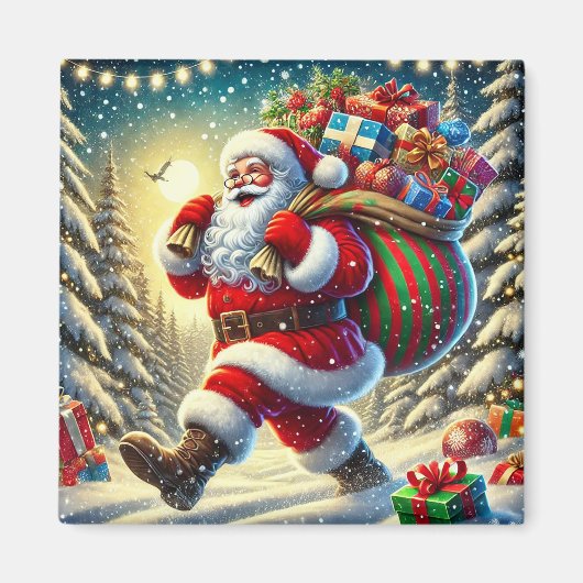 雪の多いクリスマスにプレゼントするサンタクロース マグネット (正面)