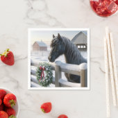 雪の多いクリスマスのリースを持つ黒馬 スタンダードカクテルナプキン (インサイチュ)