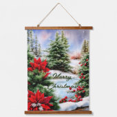 雪の多いクリスマスの池 吊り下げ型タペストリー (正面)