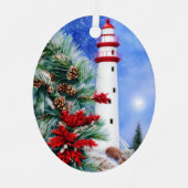 雪の多いクリスマスの灯台 メタルオーナメント (正面)