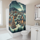 雪の多いクリスマスビレッジの夜 シャワーカーテン (インサイチュ)