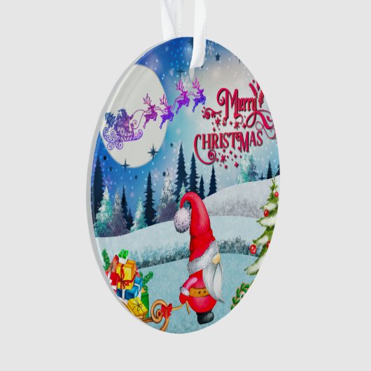 雪の多いクリスマス格言とサンタのそりのプレゼント オーナメント (正面)