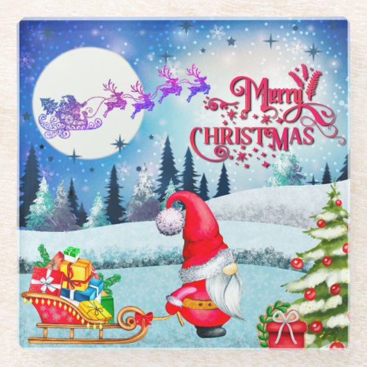 雪の多いクリスマス格言とサンタのそりのプレゼント ガラスコースター (正面)