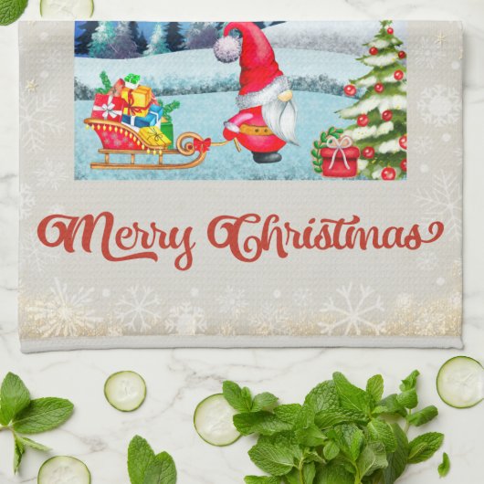雪の多いクリスマス格言とサンタのそりのプレゼント キッチンタオル (折り畳み)