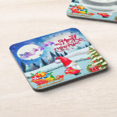 雪の多いクリスマス格言とサンタのそりのプレゼント コースター (左側)