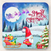 雪の多いクリスマス格言とサンタのそりのプレゼント コースター (正面)