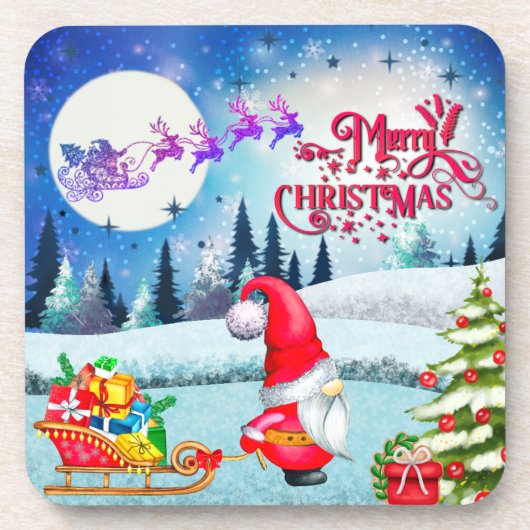 雪の多いクリスマス格言とサンタのそりのプレゼント コースター (正面)