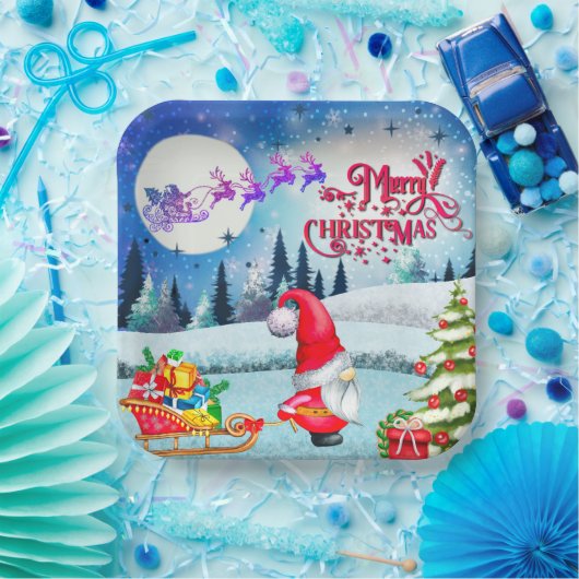 雪の多いクリスマス格言とサンタのそりのプレゼント ペーパープレート (パーティー)