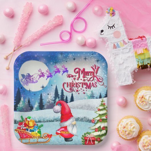 雪の多いクリスマス格言とサンタのそりのプレゼント ペーパープレート (パーティー)
