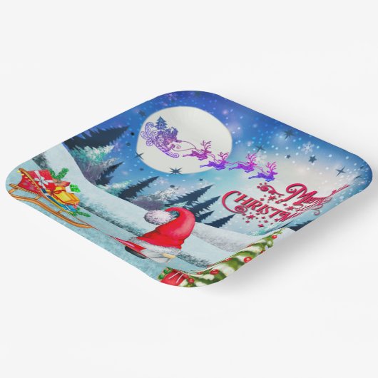 雪の多いクリスマス格言とサンタのそりのプレゼント ペーパープレート (傾斜あり)