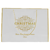 雪の多いクリスマス格言とサンタのそりのプレゼント ラージペーパーバッグ (裏面)