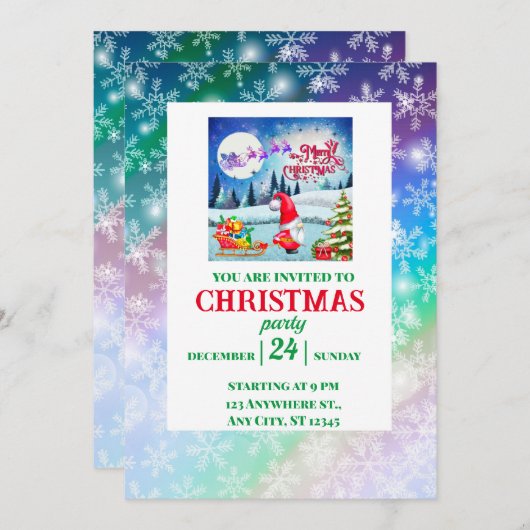 雪の多いクリスマス格言とサンタのそりのプレゼント 招待状 (正面/裏面)