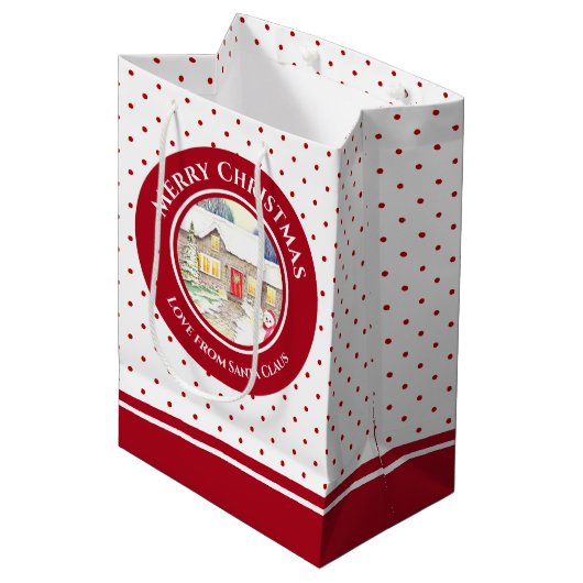 雪の多いコテージメリークリスマスサンタクロース ミディアムペーパーバッグ (正面アングル)
