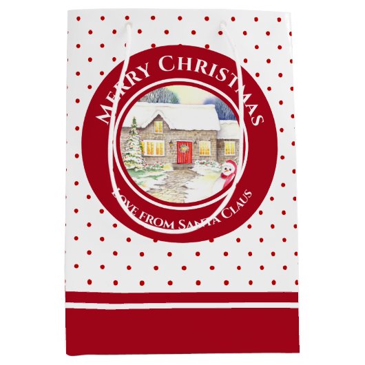 雪の多いコテージメリークリスマスサンタクロース ミディアムペーパーバッグ (正面)