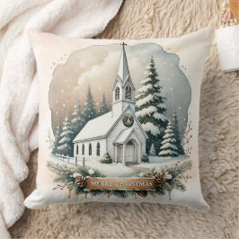 雪の多いチャペル | クリスマス白熱［赤熱］光を放つシーン クッション