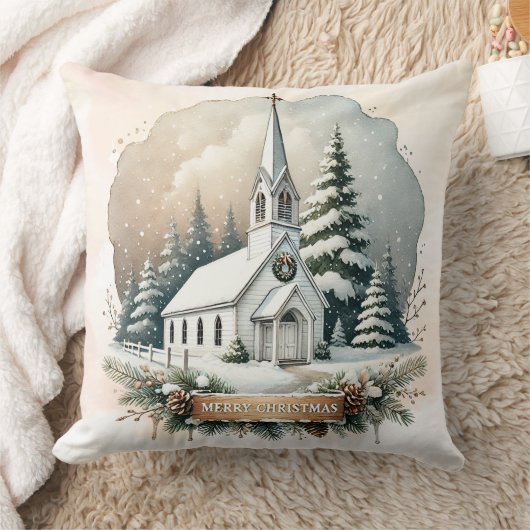 雪の多いチャペル | クリスマス白熱［赤熱］光を放つシーン クッション (ブランケット)