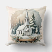 雪の多いチャペル | クリスマス白熱［赤熱］光を放つシーン クッション (正面)