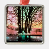 雪の多いデラウェアの丘の斜面の魔法の木 メタルオーナメント (正面)