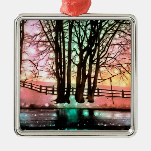 雪の多いデラウェアの丘の斜面の魔法の木 メタルオーナメント (正面)