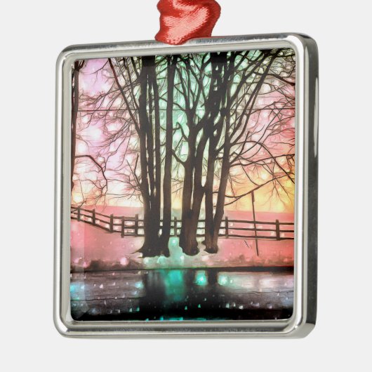 雪の多いデラウェアの丘の斜面の魔法の木 メタルオーナメント (左)
