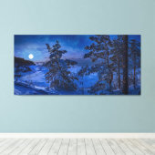 雪の多いバルト海の海岸とモミの木が夜に キャンバスプリント (インサイチュ (ウッドフロア))