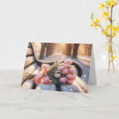 雪の多いベンチにピンクの誕生日チューリップ カード (黄色い花)