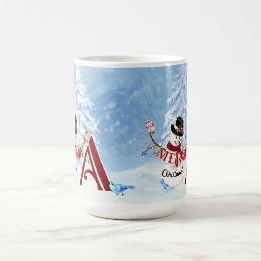 雪の多いメリークリスマス雪だるまの木をモノグラム コーヒーマグカップ (中央)