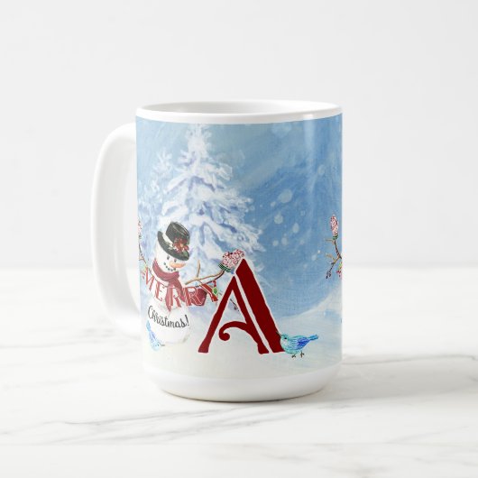 雪の多いメリークリスマス雪だるまの木をモノグラム コーヒーマグカップ (正面左)