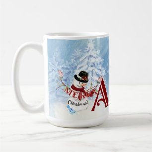 雪の多いメリークリスマス雪だるまの木をモノグラム コーヒーマグカップ