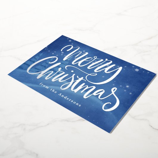 雪の多い冬のメリークリスマスシルバー 箔シーズンカード (回転した状態)