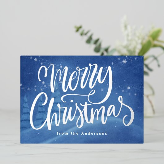 雪の多い冬のメリークリスマスシルバー 箔シーズンカード (立ち正面)