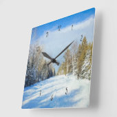 雪の多い冬のロードシーン スクエア壁時計 (傾斜)