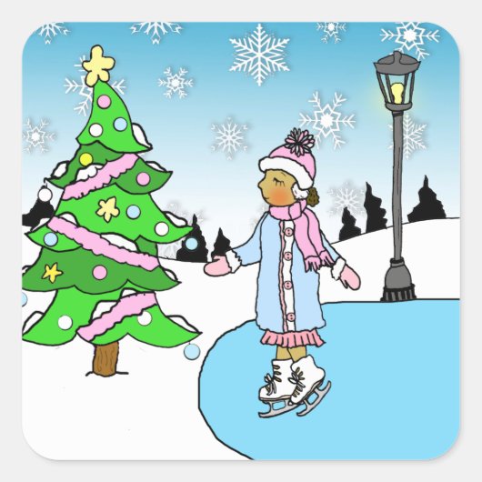雪の多い冬の日にクリスマスのエスニックアイススケーター スクエアシール (正面)