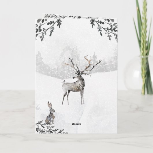 雪の多い冬の森林地帯トナカイと友人 シーズンカード (裏面)