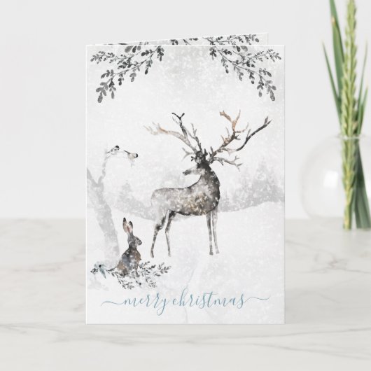 雪の多い冬の森林地帯トナカイと友人 シーズンカード (正面)