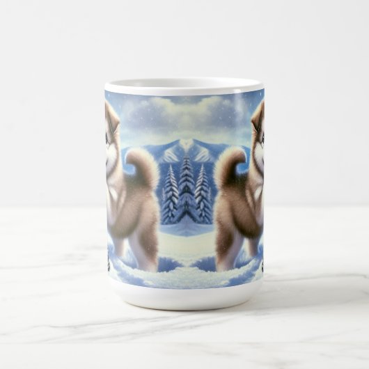 雪の多い冬の遊風景を、かわいいハスキーのワンちゃん コーヒーマグカップ (中央)