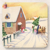 雪の多い冬の道のヴィンテージクリスマスツリー コースター (正面)