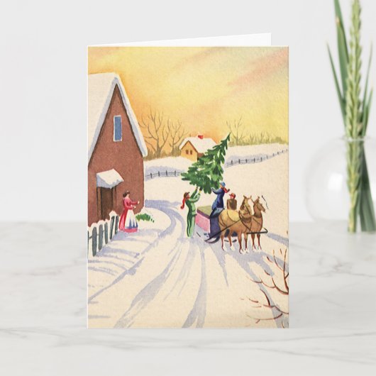 雪の多い冬の道のヴィンテージクリスマスツリー シーズンカード (正面)