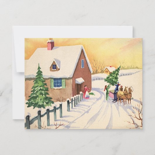 雪の多い冬の道のヴィンテージクリスマスツリー シーズンカード (正面)